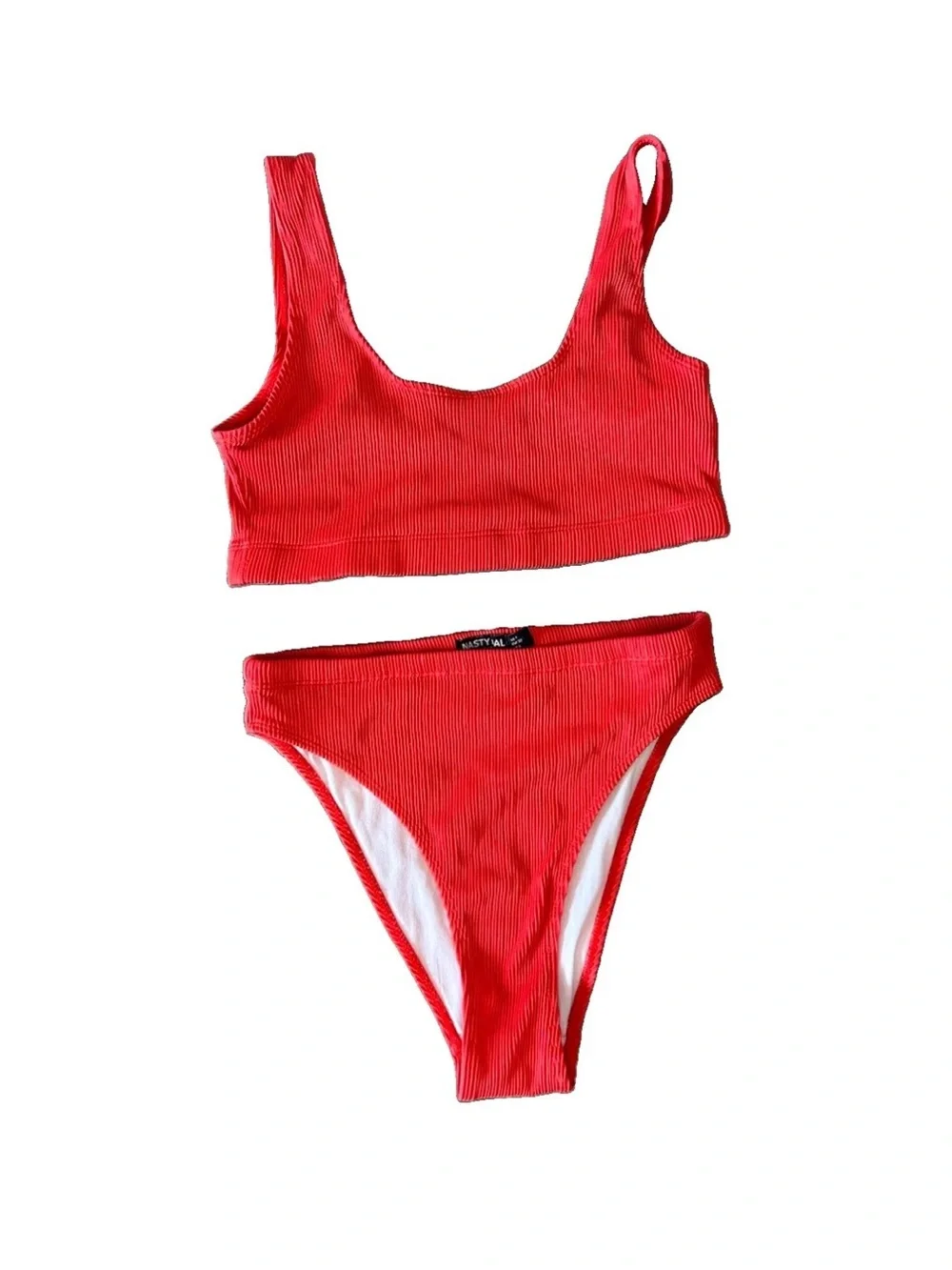 Nasty Gal Ribbed Red High Waist Bikini Set XS High Cut Scoop Neck